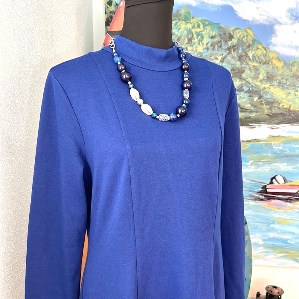 Ann Taylor, Cobalt Blue Knit Swing Dress Mock Neck Back Bow Long Sleeve Size L - Picture 7 of 11